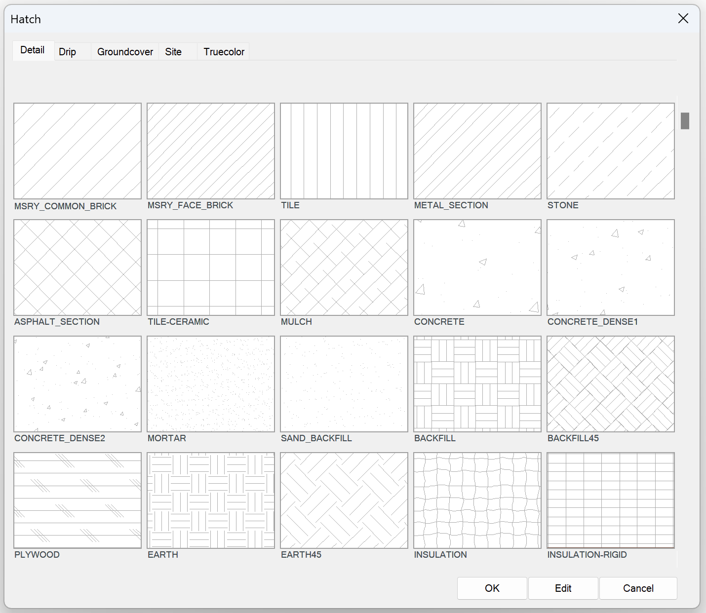 Old Hatch dialog box showing Detail hatch patterns